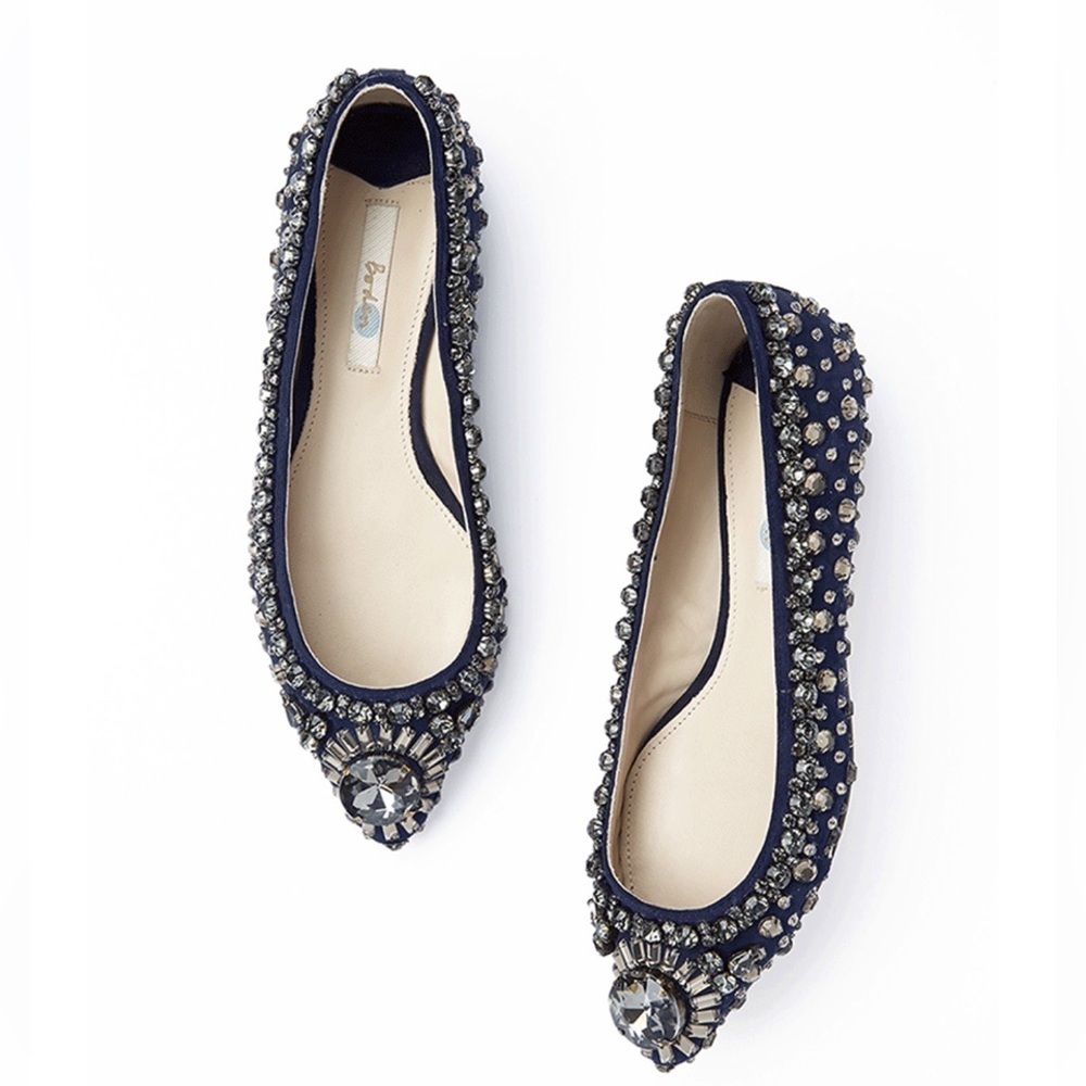 Boden Jewelled Embellished Ballet Flats Size 37 US 6.5 Navy Crystal Pointed Toe
